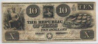 $10 Republic Of Texas Obsolete Currency Note 958 Dated Jan 15,  1840