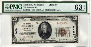 $20 1929 The Farmers National Bank Of Danville Ky Ch 2409 Pmg 63 Epq