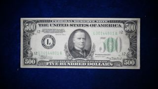 1934 - A $500 Five Hundered Dollar Bill Federal Reserve Note Vf,