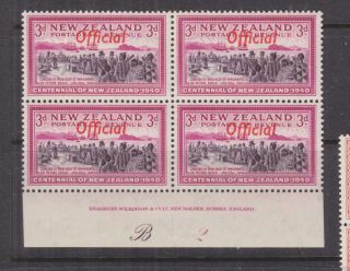 Zealand,  Officials,  1940 Centennial 3d.  Imprint,  Plate B 2 Block Of 4