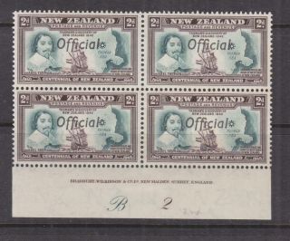 Zealand,  Officials,  1940 Centennial 2d.  Imprint,  Plate B 2,  Block Of 4