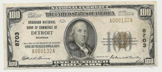 1929 $100 Guardian National Bank Of Commerce Of Detroit,  Mi Low Serial Au/unc