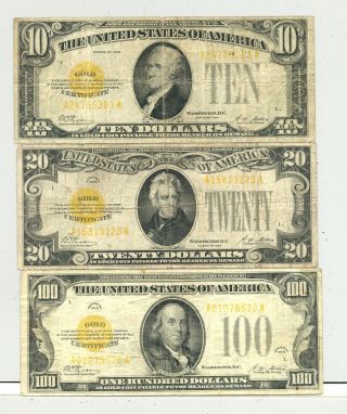 $10,  $20 And $100 Series 1928 Gold Certificate In Circulated
