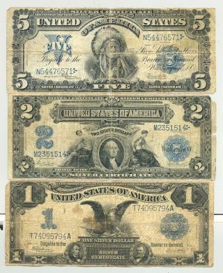 $1,  $2 And $5 Series 1899 Silver Certificates In Vg Or Better