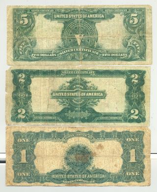 $1,  $2 and $5 Series 1899 Silver Certificates in VG or better 2
