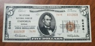 1929 Citizens National Bank Of Emporia Kansas $5 Note National Currency 5498 T2