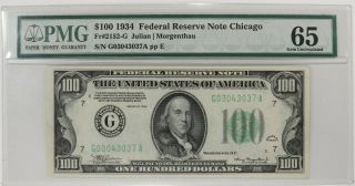 1934 $100 Federal Reserve Note Chicago Pmg Certified 65 Gem Uncirculated (037a)