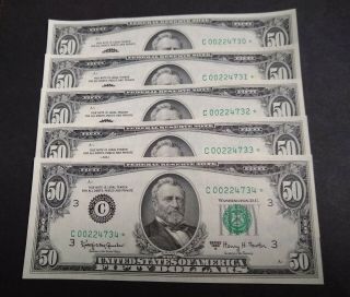 5 Consecutive Numbered 1963 A $50 Federal Reserve (star) Error Notes - Crisp