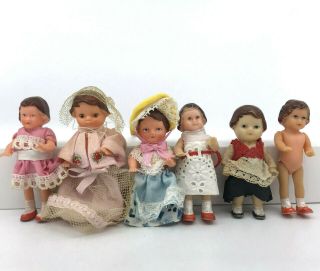 Dollhouse Rubber Doll X 6 Ari Germany 3in Jointed Dressed 1950s 70s Vintage