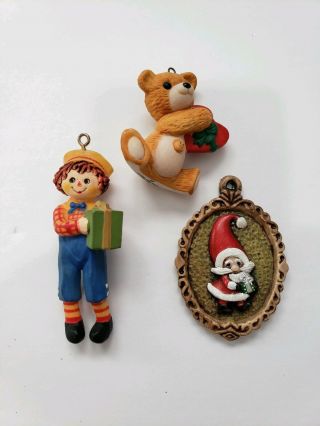 Vintage Raggedy Andy Christmas Ornament,  Hallmark Teddy Bear 1988 & Tiny Santa