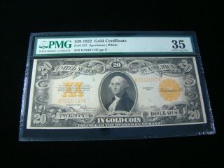 1922 $20.  00 Gold Certificate Large Size Banknote Fr 1187 Pmg Graded Choice Vf 35