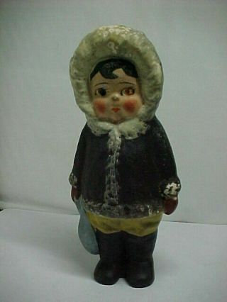5 3/4 " Vintage Japan Bisque Frozen Penny Doll Eskimo W Fish