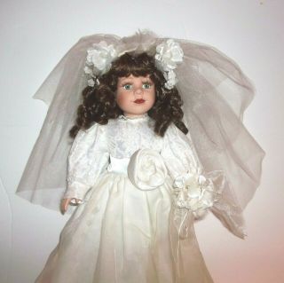 The Collectors Choice Porcelain 16 " Bride Doll By Dandee Series Brown Hair 1998