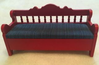 Vintage Lundby Dollhouse Furniture Red Dining Room Bench Blue Cushion