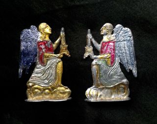 Rare Pair Antique German Zinc Metal Dolls House Miniature Altar Angel Figure Toy