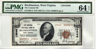 $10 1929 The Central National Bank Of Buckhannon Wv Ch 13646 Pmg 64 Epq