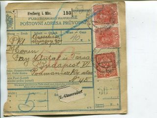 Austria 80,  2x15h On Parcel Card To Hungary,  Freiberg I Mhr 1918,  Perfins Ustf