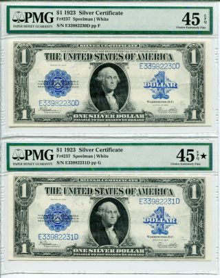 2 Consecutive 1923 $1 Silver Certificates Pmg Extremely Choice 45epq