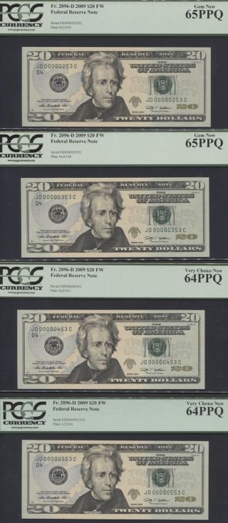 Tt Fr 2096 - D 2009 $20 Frn Cleveland Pcgs 65q 4 Notes In A Row Serial 2,  3,  4,  5