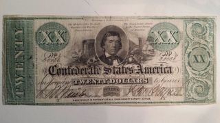 T - 21 1861 $20.  Confederate States Of America Note Pf1 " Low Issue "