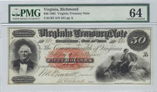 $50 1862 Virginia Treasury Note Richmond Va Pmg Choice Unc 64