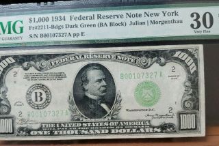 1934 $1000 ONE THOUSAND DOLLAR York Reserve Note PMG VF30 2