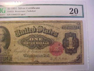 1891 $1 LARGE SILVER CERTIFICATE MARTHA WASHINGTON PMG VERY FINE 20 FR 222 3