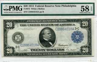 1914 Federal Reserve Note 3 - C Philadelphia Fr 975 $20 A Unc Pmg Choice Au 58 Epq