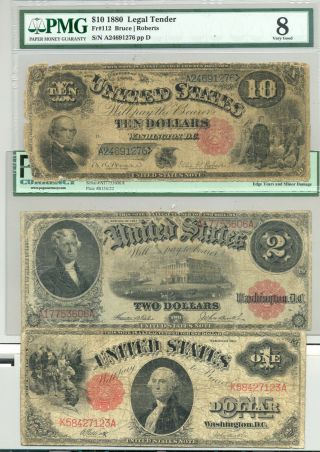 $1 And $2 Series 1917 And Fr.  112 $10 1880 " Jackass " United States Notes