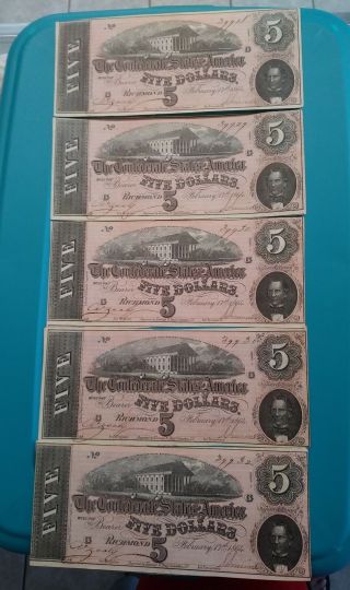 5 - Consecutive 1864 Civil War $5 Dollar Confederate Notes.  Uncirculated