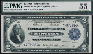 Fr.  749 1918 $2 Federal Reserve Bank Note Boston Battleship Pmg 55