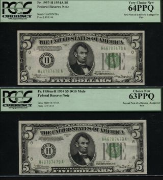 Tt Fr 1956m - H & 1957 - H 1934 $5 Frn St.  Louis Reverse Change Over Pair Pcgs Ppq