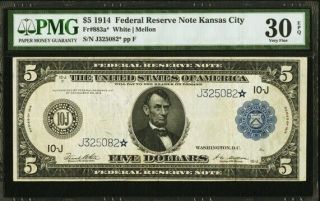 Top Pop 1914 $5 Federal Reserve Note Kansas City Fr.  883a Star Note Pmg 30 Epq