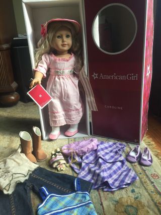 American Girl Caroline 18 " Doll Plus Extra Outfits / Accessories Box