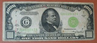 $1000 Thousand Dollar Bill 1934 Federal Reserve Note,  Vg,