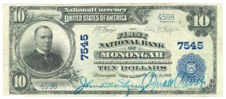 1902 $10 First National Bank Of Monongah,  Wv National Currency - About Very Fine