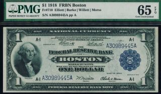 Fr.  710 1918 $1 Federal Reserve Bank Note Boston Pmg 65epq