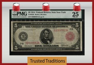 Tt Fr 833b 1914 $5 Federal Reserve Note York Red Seal Pmg 25 Very Fine