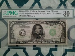 1934 $1000 One Thousand Dollar Bill Chicago Pmg Vf30 True