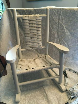 Wooden Doll Rocking Chair.  Woven Back And Seat.  14 X 13 Inches.  Seat 7 Wide