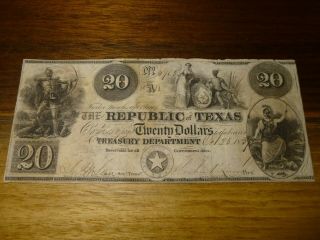 1839 $20 Republic Of Texas Red Back Note Bill Currency Money