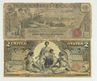 $1 And $2 Series 1896 Educational Silver Certificates In Vg And Vf