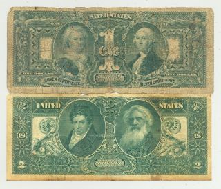 $1 and $2 Series 1896 Educational Silver Certificates in VG and VF 2
