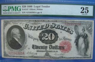 Very Fine 1880 $20.  00 Legal Tender Fr 147 Elliott - White - 25vf - Pmg