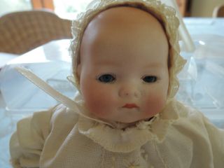 Tiny 7 Inch Armand Marseille Dream Baby In Hand - Embroidered Outfit