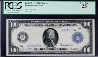 1914 $100 Federal Reserve Note Boston Pcgs 25 Fr.  1087 Very Scarce