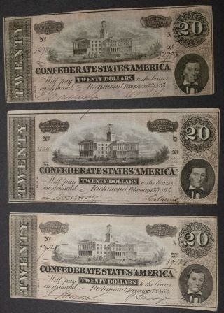 34 1864 Civil War Confederate Currency T - 67 $20 CSA Notes Tennessee Capital 3