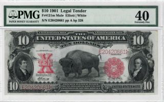 1901 $10.  00 Bison Note Legal Tender Elliott/white Fr 121m Mule - 40 Pmg