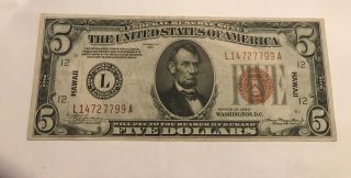 1934 $5 Hawaii Federal Reserve Note,  Crisp & Bright