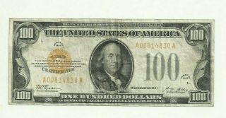 1928 100.  00 Gold Certificate Fr 2405 Circulated Looking Note